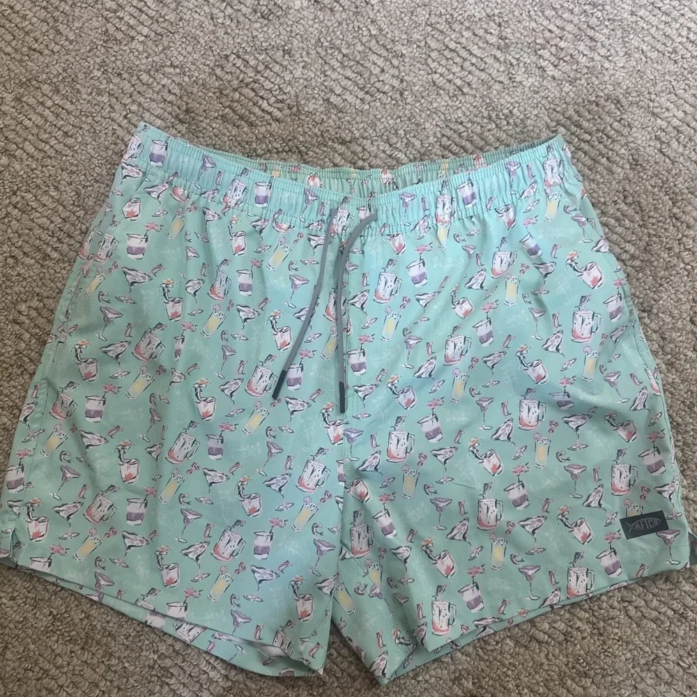 AFTCO Swim Shorts Mens Large Blue Tropical Drink Print Beach Lined NWOT